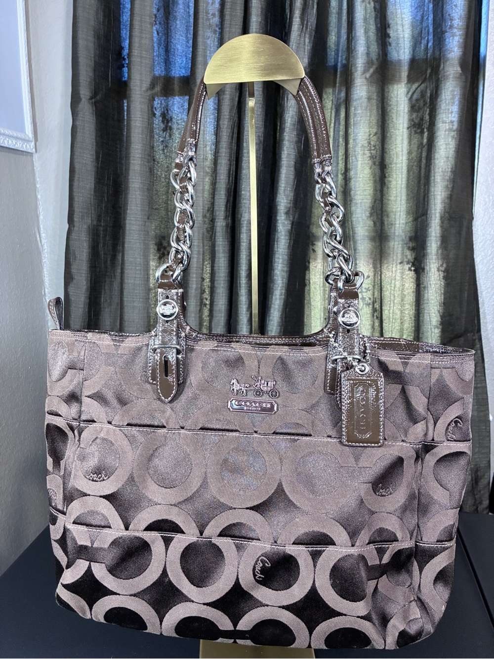 Coach Signature Circle Tote in Brown and Metallic